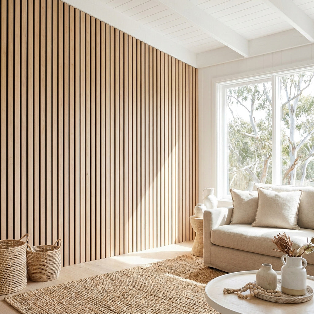 Timber slat acoustic wall panels in Blackbutt finish