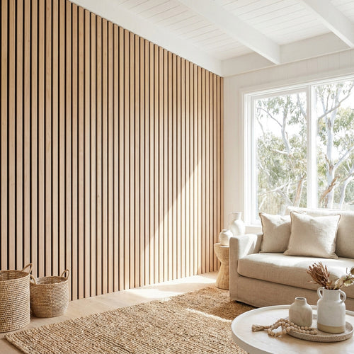 Timber slat acoustic wall panels in Blackbutt finish