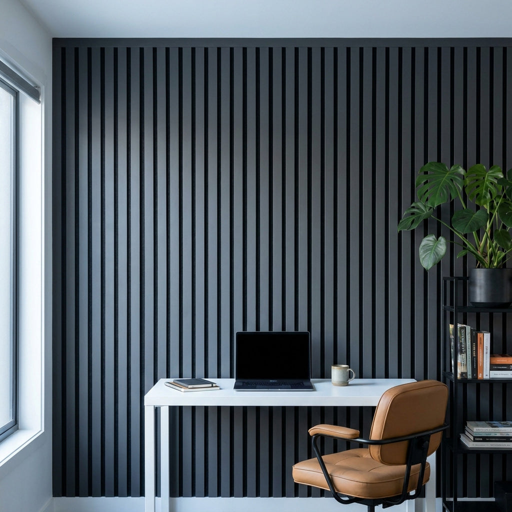Timber slat acoustic wall panels in Charcoal finish