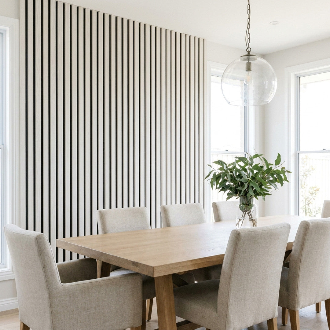 Timber slat acoustic wall panels in Coastal White finish