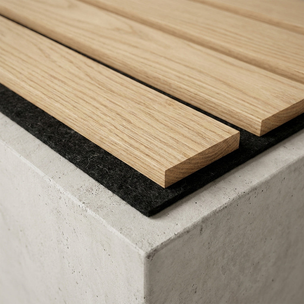 Close-up of timber slats and recycled PET felt backing