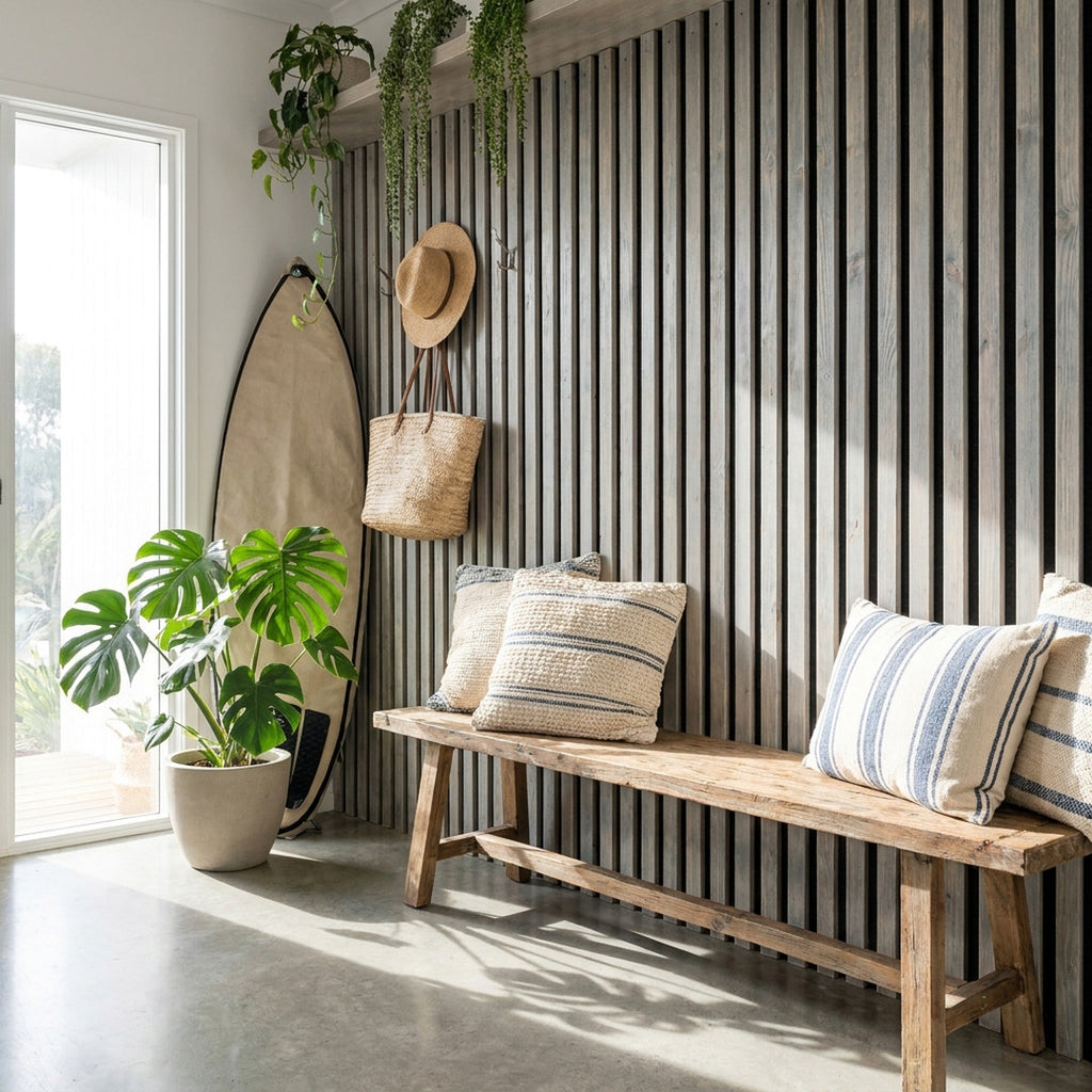 Timber slat acoustic wall panels in Driftwood finish