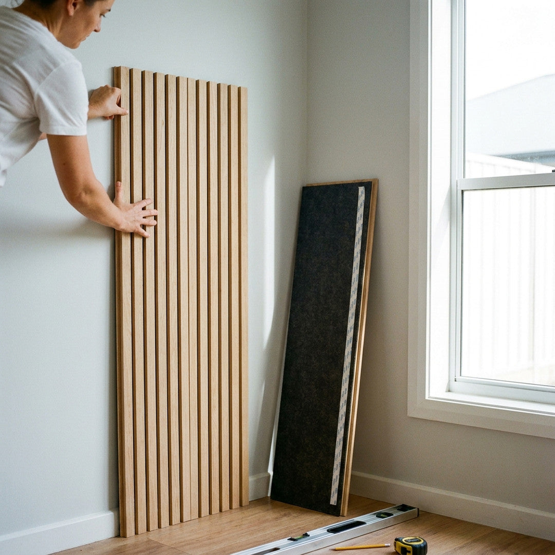 Pressing a timber slat panel onto the wall