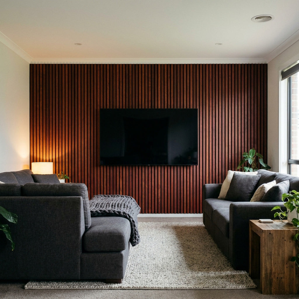 Timber slat acoustic wall panels in Jarrah finish