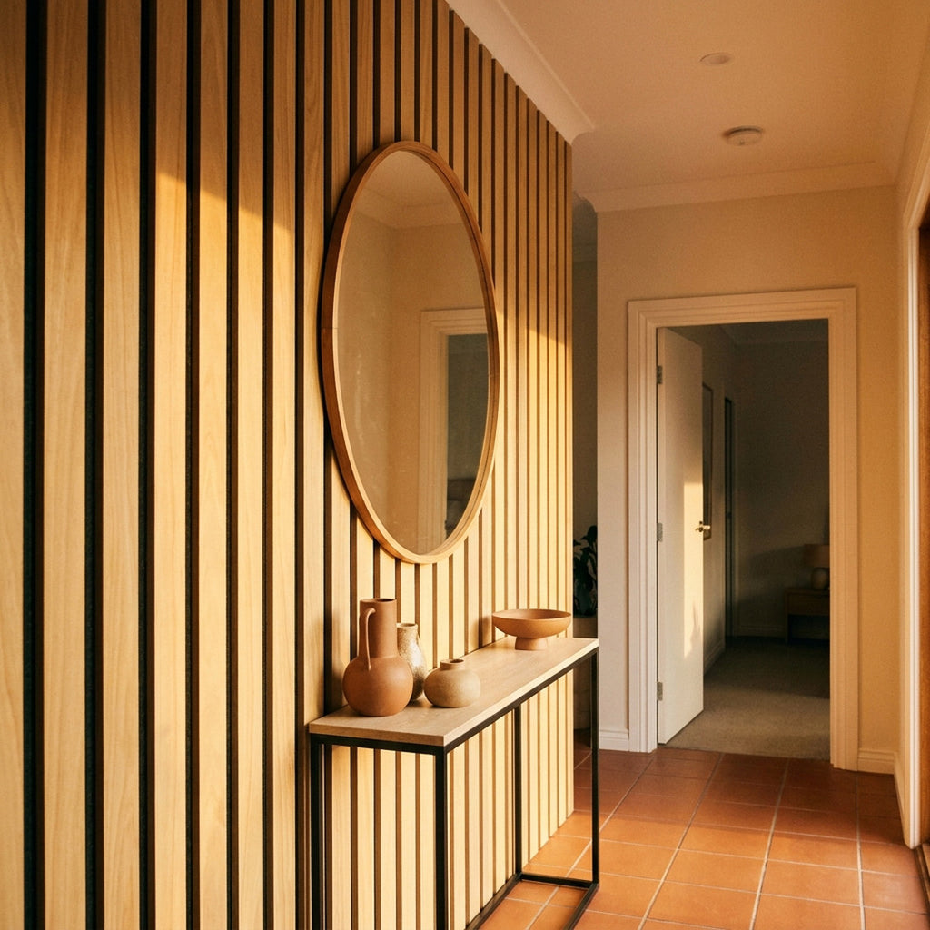 Timber slat acoustic wall panels in Sandstone finish