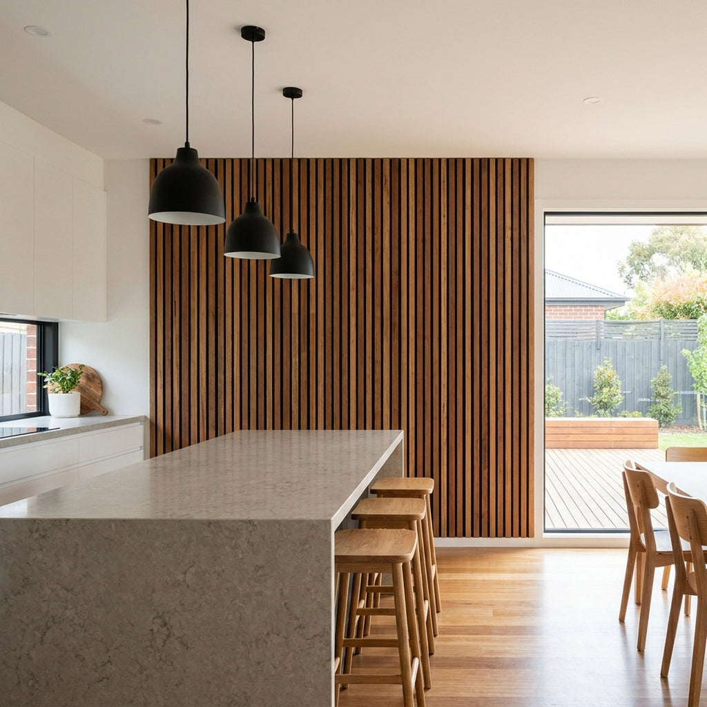 Timber slat acoustic wall panels in Spotted Gum finish