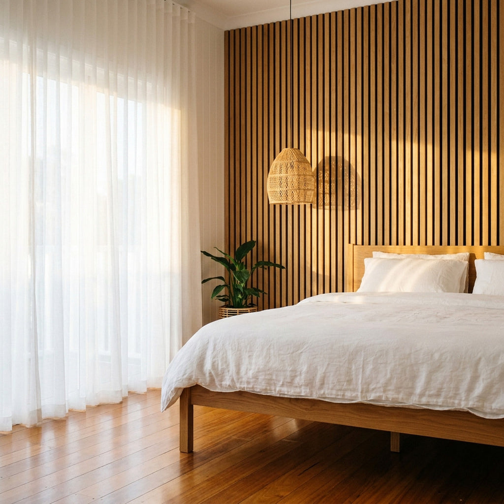 Timber slat acoustic wall panels in Tasmanian Oak finish
